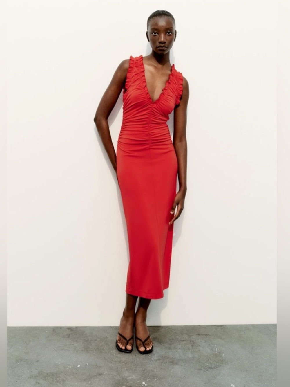 ZARA Red Ruched V Neck Midi